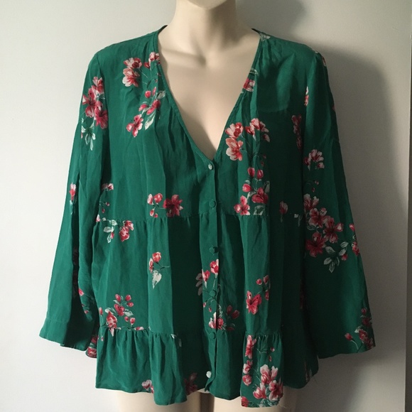 Sezane Tops - SEZANE Green Floral Silk ANNA Blouse 42